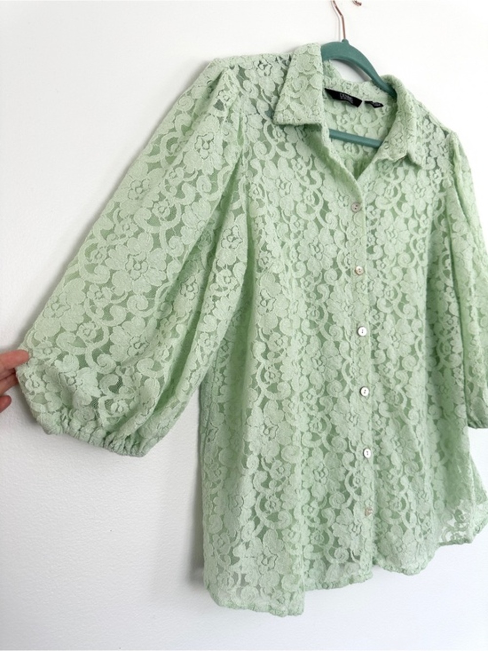 Dennis Basso Puff Sleeve Sheer Lace Mint Green Button Up Beach Festival Boho 1XP